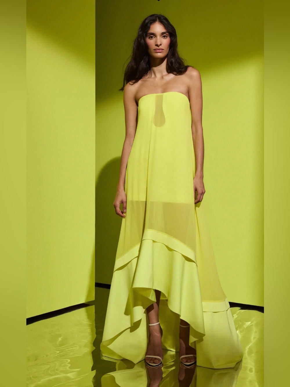 BCBGMaxAzria Farrah Firefly Strapless Neon High-Low Gown